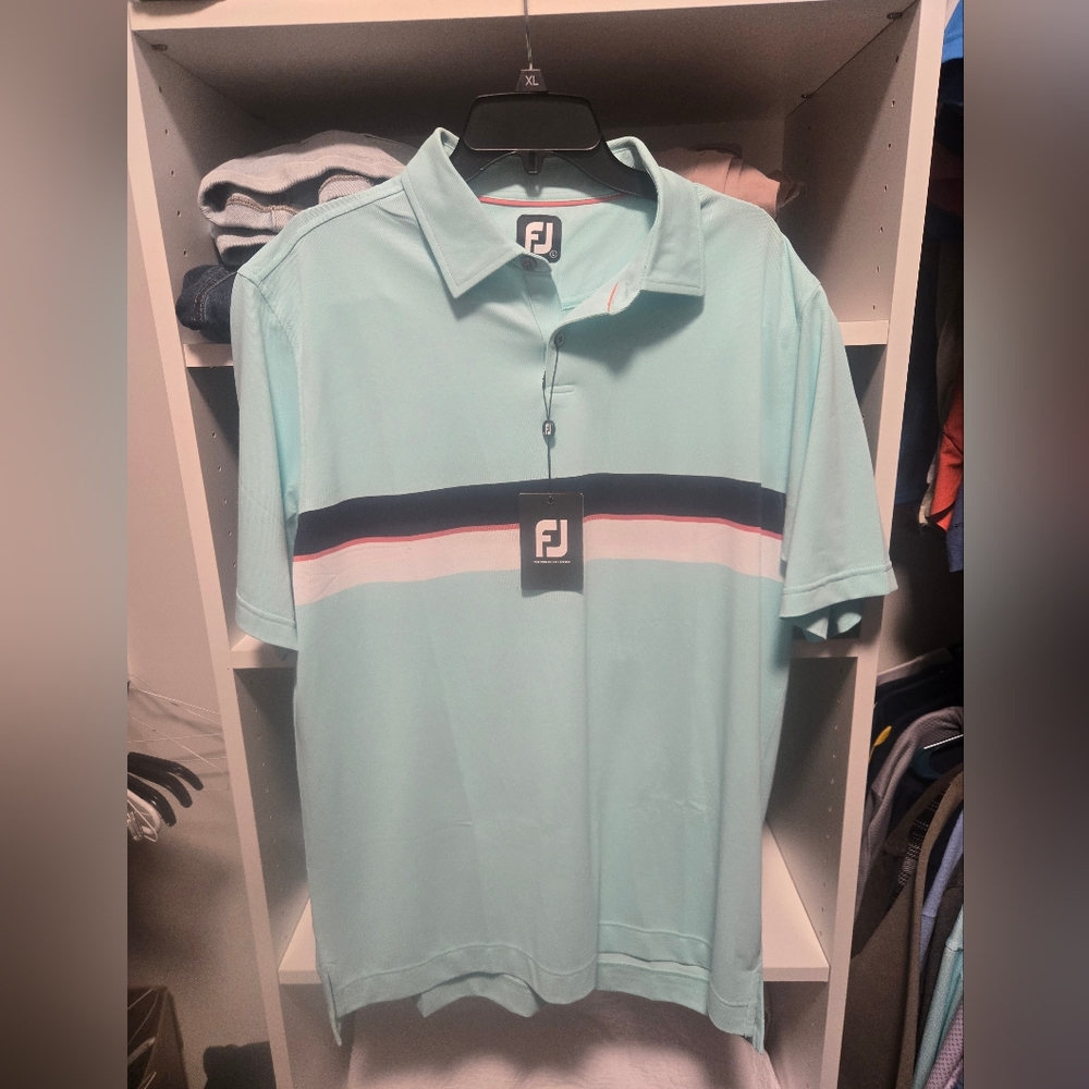 FootJoy Men's Mint Green Polo with Navy and White Stripes